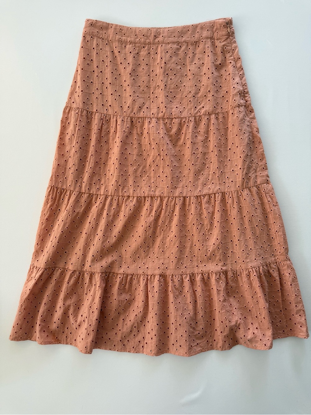 Olivaceous Dusty Peach Eyelet Tiered Maxi Skirt